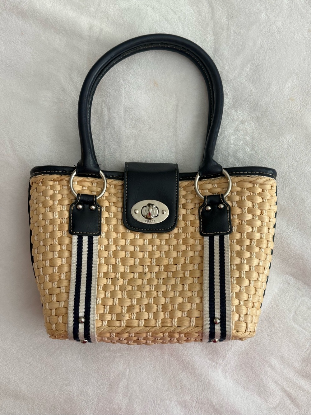 Chaps Natural Woven Tote with Navy Blue Trim and Navy Stripe Accents